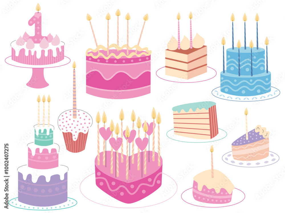 Set of birthday cakes wirh candles. Flat vector birthday cakes different shapes set Set of birthday cakes wirh candles. Flat vector birthday cakes different shapes set