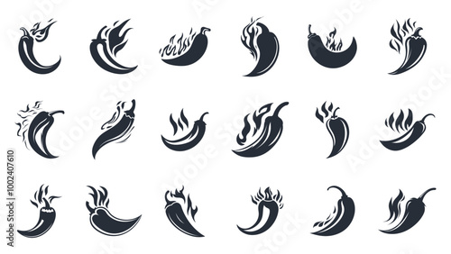 Silhouette hot chili pepper monochrome icons set with flames coming out. Burning fire spicy vegetable. Flaming chilly. Hot food spices. Black and white simple logo flat style. Isolated vector on white