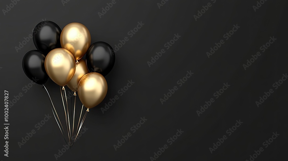 A cluster of black and gold balloons floats against a dark backdrop, illuminated by delicate top-left lighting, creating a soft and elegant atmosphere A cluster of black and gold balloons floats against a dark backdrop, illuminated by delicate top-left lighting, creating a soft and elegant atmosphere