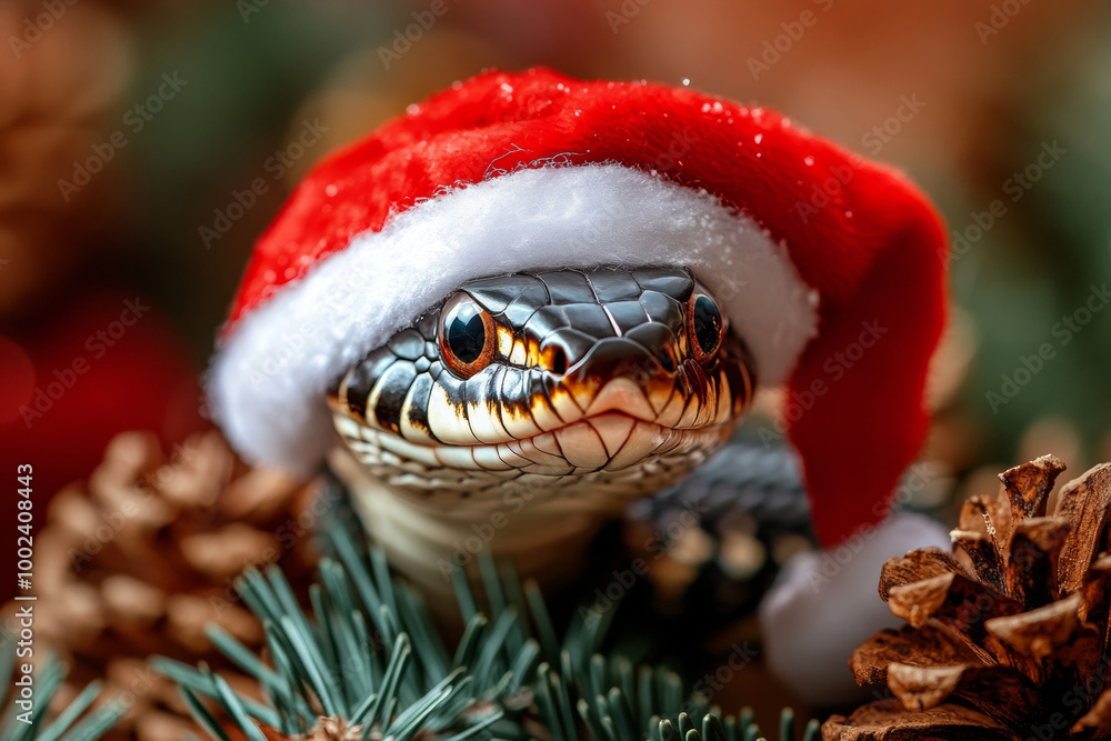 A snake wearing a fluffy Santa hat is curled among green pine branches and shiny ornaments, creating a festive atmosphere in a warm gift-giving season. A snake wearing a fluffy Santa hat is curled among green pine branches and shiny ornaments, creating a festive atmosphere in a warm gift-giving season.