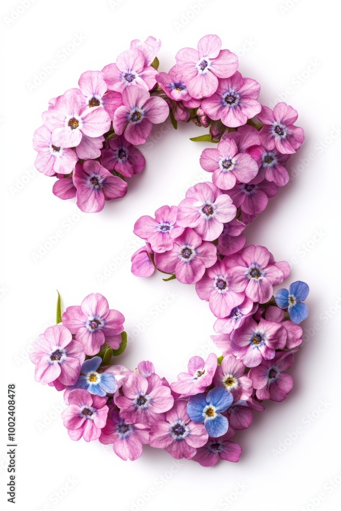 Numeral 3: Three Pink Forget-Me-Not Flowers on White Background Numeral 3: Three Pink Forget-Me-Not Flowers on White Background