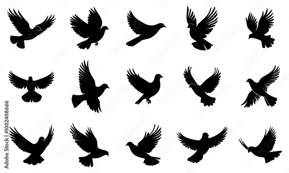 Fototapeta premium Silhouettes of doves in flight black icons set. Pigeon birds fly with wings wide open. Peace symbol. Feathered animal in the wild decorative design element. Simple black and white flat style isolate
