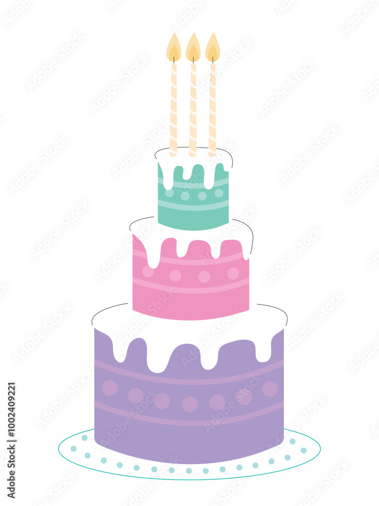 Large three-tier cake for Happy Birthday party vector flat illustration Large three-tier cake for Happy Birthday party vector flat illustration