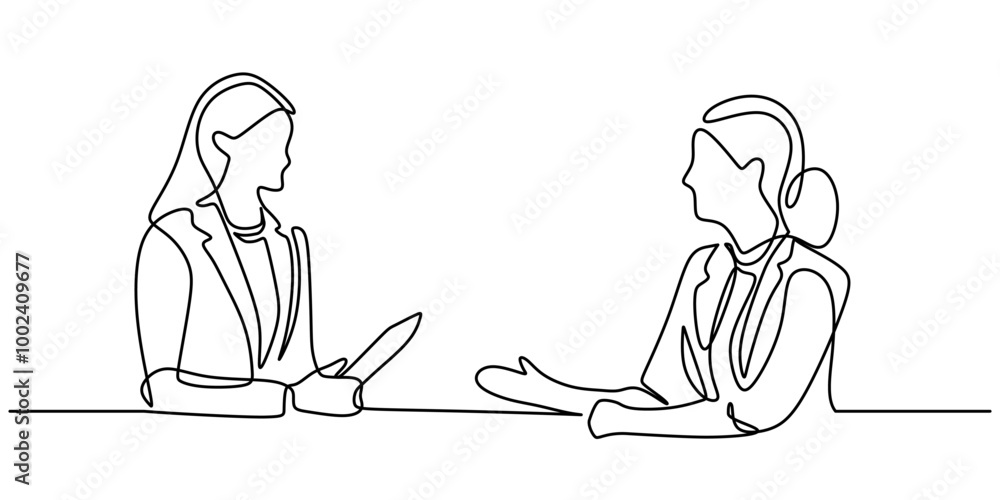 One line drawing of two women discussing or interviewing. Captures collaboration and conversation. One line drawing of two women discussing or interviewing. Captures collaboration and conversation.