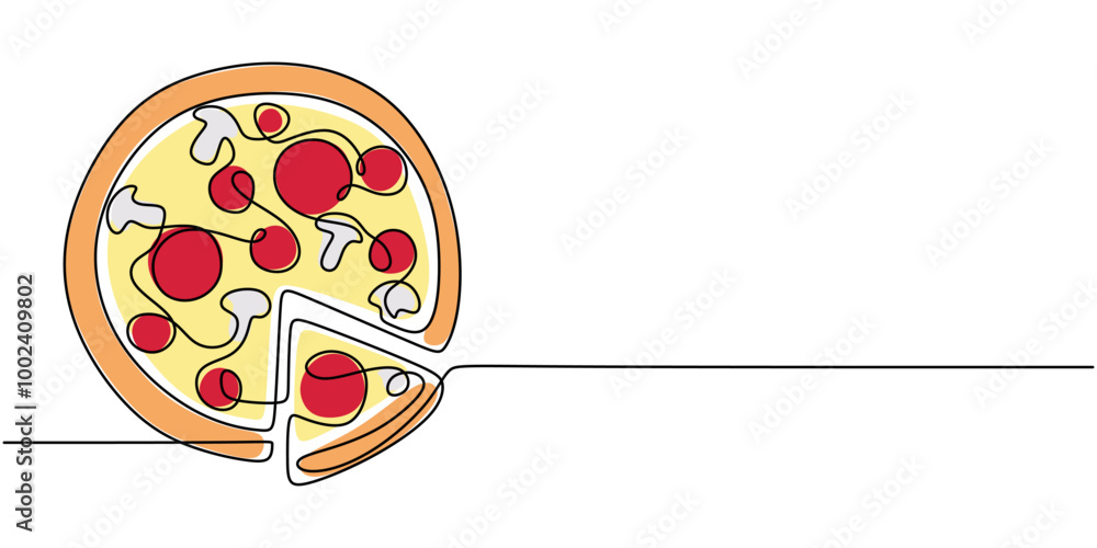 Modern One Line Drawing of a Large Pizza Missing a Few Slices. Modern One Line Drawing of a Large Pizza Missing a Few Slices.