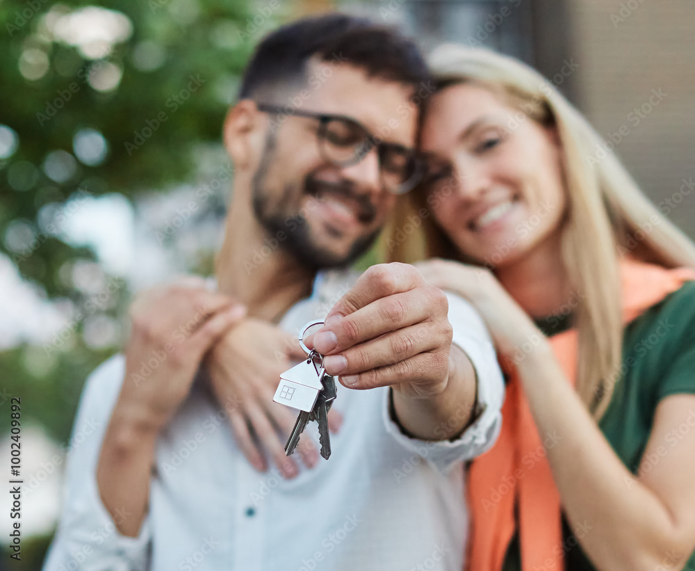 key woman man house new apartment home wife husband owner real estate togetherness couple buying happy young married together family property portrait key woman man house new apartment home wife husband owner real estate togetherness couple buying happy young married together family property portrait