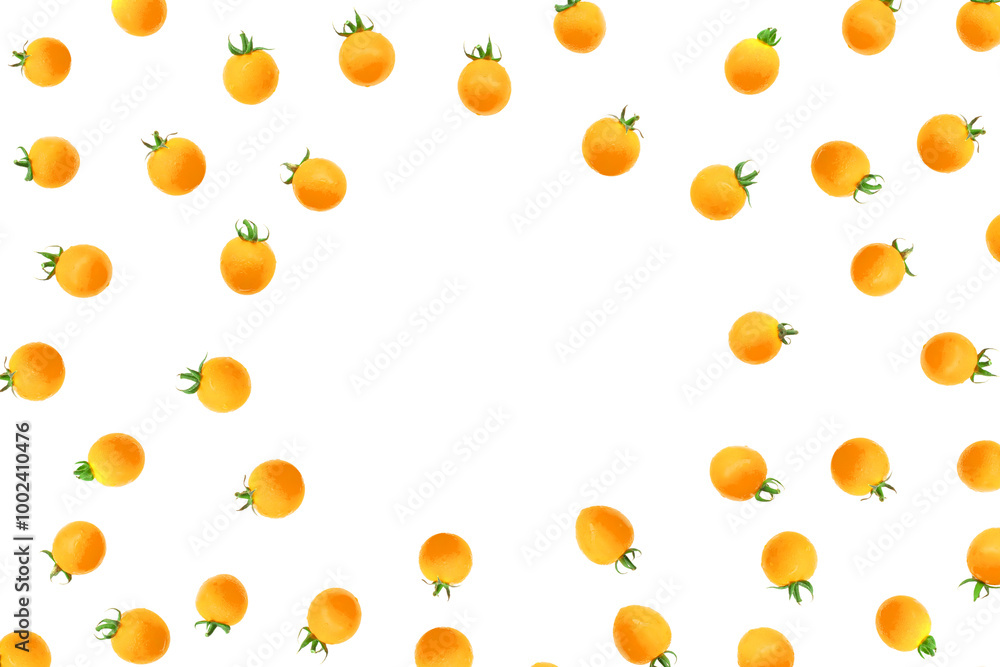 Fresh yellow cherry tomatoes scattered diagonally on a white background, creating a minimalistic and visually striking pattern. Ideal for food-related designs Fresh yellow cherry tomatoes scattered diagonally on a white background, creating a minimalistic and visually striking pattern. Ideal for food-related designs