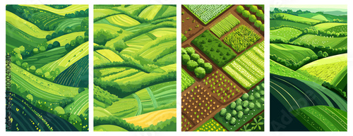 Spring field landscape posters set. Top aerial view. Green agriculture season pattern. Simple rural organic plantation eco garden rice winery vegetables farm nature countryside. Cartoon style vector