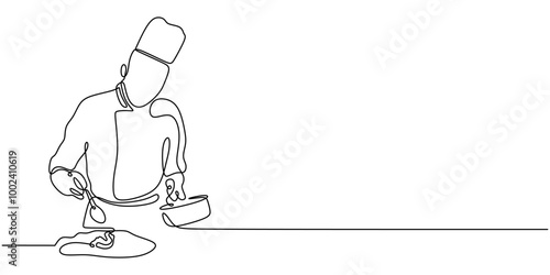 Chef Serving Food in a One Line Drawing, Minimalist Illustration of Culinary Action.