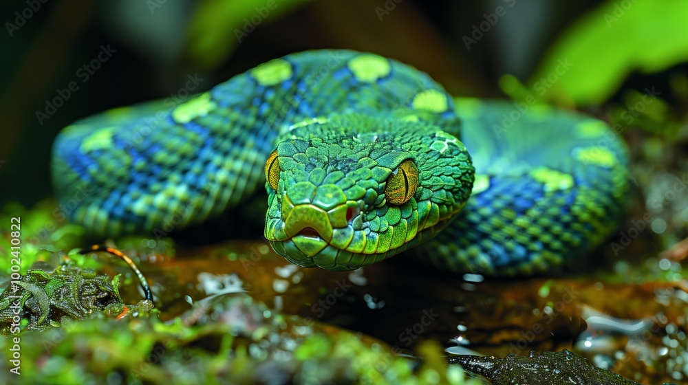 Fototapeta premium Colorful Green Tree Python Resting Near Water in a Vibrant Rainforest Setting