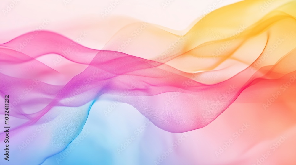 Fototapeta premium Colorful translucent waves of pink, purple, yellow, and blue gracefully blend against a soft white background