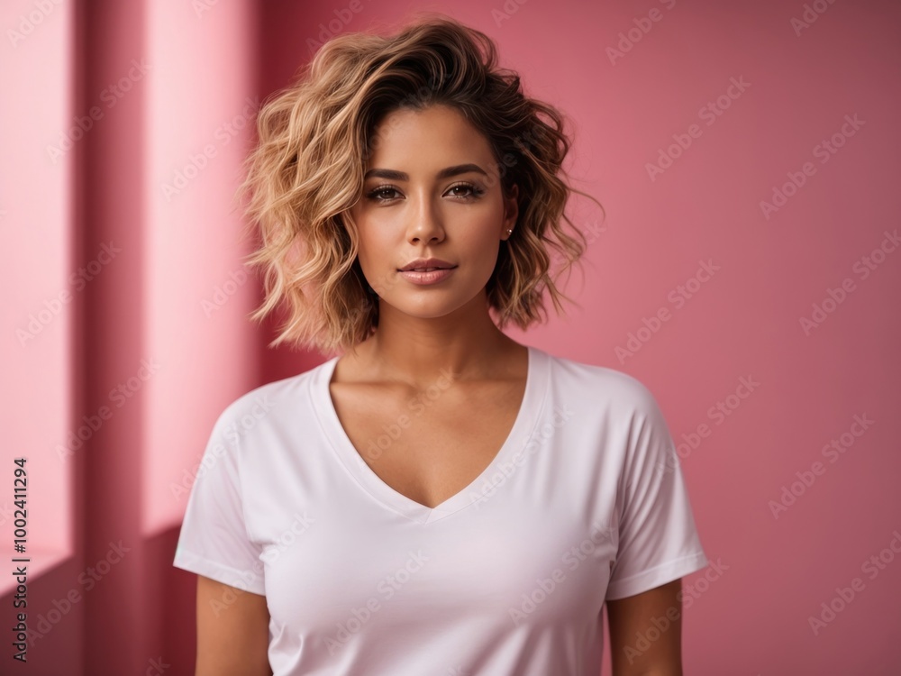 beautiful young women in white tshirt mockup against pink background beautiful young women in white tshirt mockup against pink background