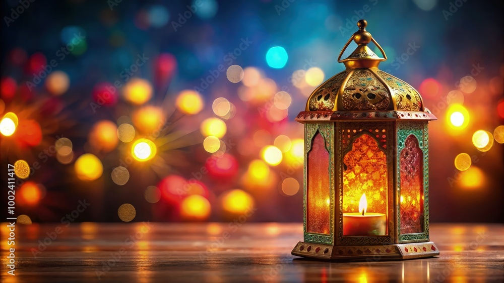 A glowing lantern hanging in front of a colorful Diwali backdrop, vibrant lights and rangoli designs in the background, soft shadows creating a serene festival atmosphere, with ample space A glowing lantern hanging in front of a colorful Diwali backdrop, vibrant lights and rangoli designs in the background, soft shadows creating a serene festival atmosphere, with ample space