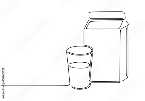 One Line Drawing of a Glass and Milk Carton, Depicting Breakfast Essentials.