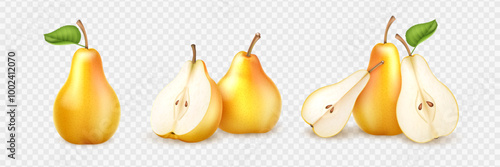 Realistic 3D pear fruits. Set of whole, slice and piece pear with green leaves isolated on transparent background. Fresh juicy ripe fruit collection.