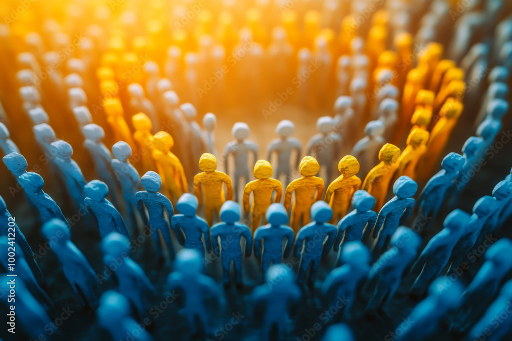 Obraz premium A large group of stylized figures stands close together, forming a dynamic arrangement with blue and orange colors, symbolizing teamwork and community engagement.