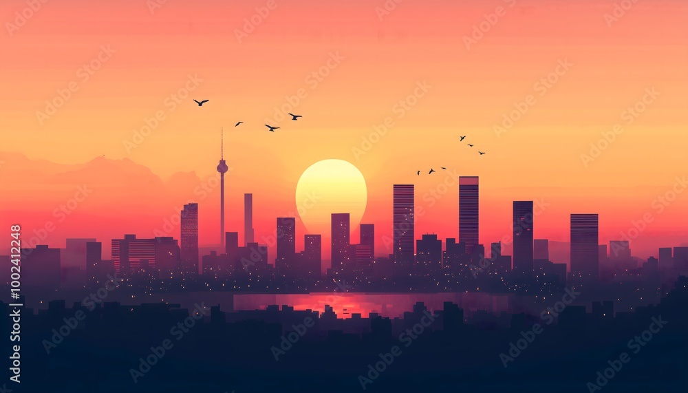 An illustration of the skyline of a city during a sunrise in a minimalistic style An illustration of the skyline of a city during a sunrise in a minimalistic style