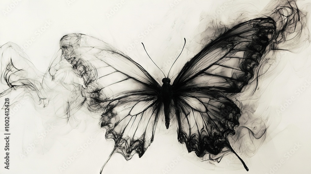 Fototapeta premium A monochrome photograph captures a butterfly with its wings fully extended behind its body and partially open to the sides
