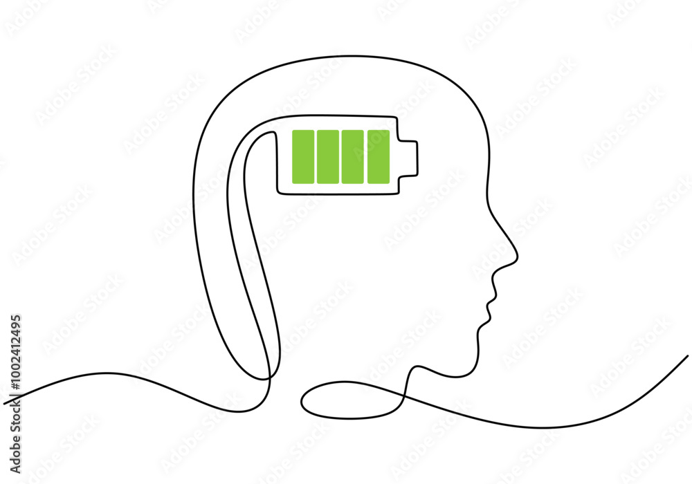 Obraz premium Minimalist One Line Drawing of a Battery Symbol Inside a Head, Depicting Energy and Mental Capacity.