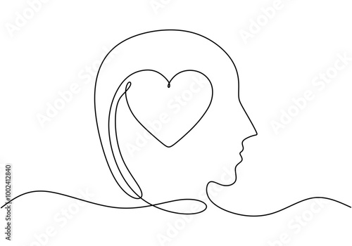 Minimalist One Line Drawing of a Heart Symbol Inside a Head, Focusing on Mind-Heart Balance.