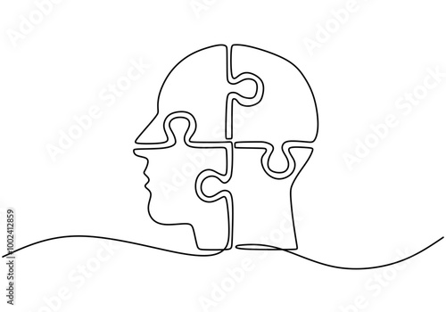 Minimalist One Line Drawing of a Head Shaped Like a Puzzle, Depicting Complexity of the Mind.