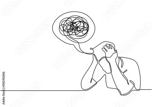 Clean One Line Drawing of a Man with a Headache, Representing Mental Strain Simply.