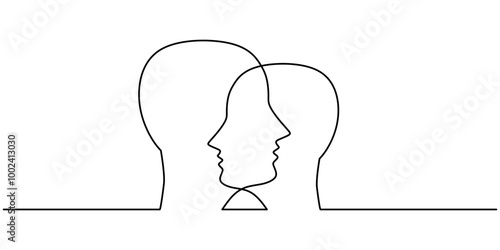 One Line Drawing of Two Heads Meeting and Intersecting, Representing Communication and Understanding Simply.