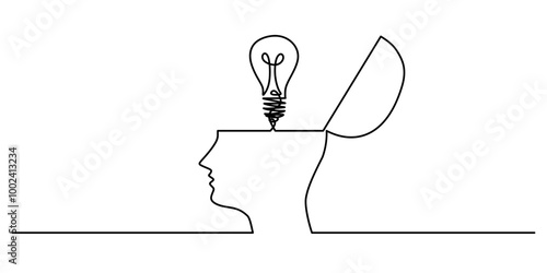 Minimalist One Line Drawing of an Open Head with a Lightbulb, Depicting Creativity and Ideas.