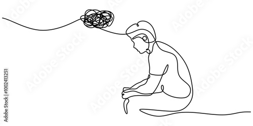 One Line Drawing of a Person Feeling Dizzy, Capturing Deep Thought Emotion Simply.