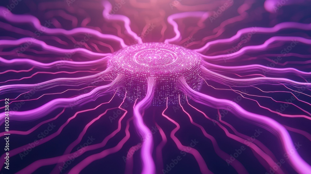 Fototapeta premium Abstract visualization of energy with intricate purple lines radiating from a central point, symbolizing electricity and innovation.