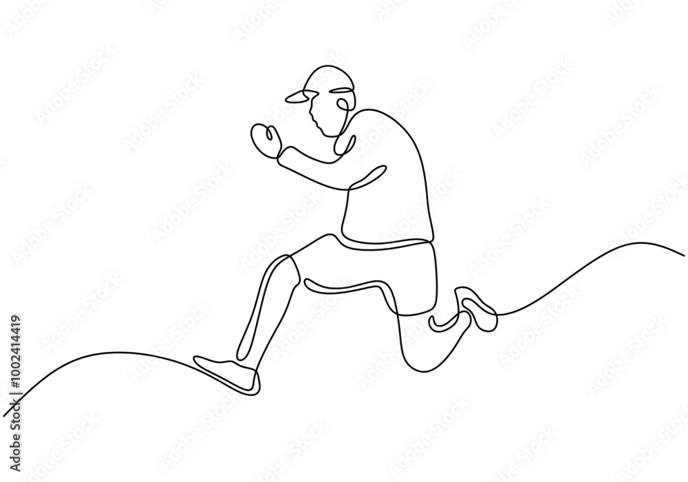 One Line Drawing of a Man Leaping into the Air, Representing Energy and Movement Minimally. One Line Drawing of a Man Leaping into the Air, Representing Energy and Movement Minimally.
