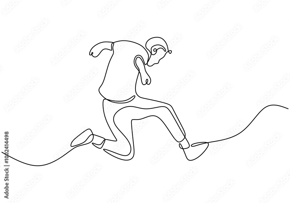 Minimalist One Line Drawing of a Man in Mid-Jump, Depicting Physical Activity. Minimalist One Line Drawing of a Man in Mid-Jump, Depicting Physical Activity.