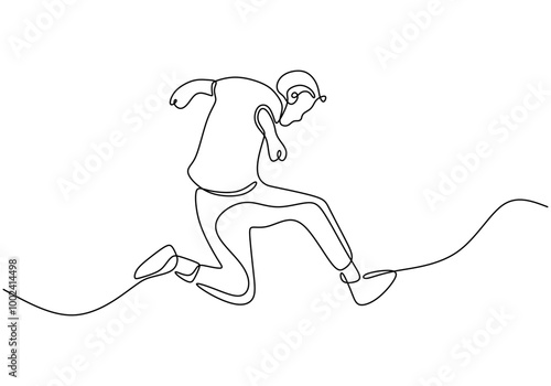 Minimalist One Line Drawing of a Man in Mid-Jump, Depicting Physical Activity.