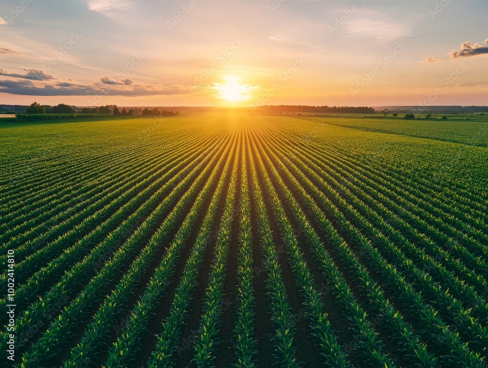 The sun is setting behind the corn, creating a warm and peaceful atmosphere The sun is setting behind the corn, creating a warm and peaceful atmosphere