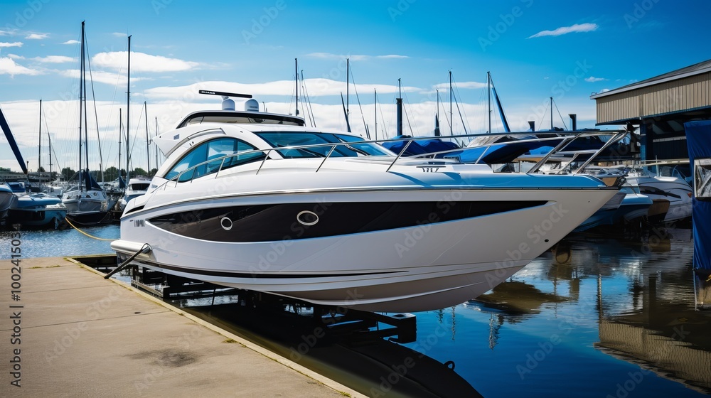 Fototapeta premium Luxurious motorboat docked at a marina under a bright blue sky during the day