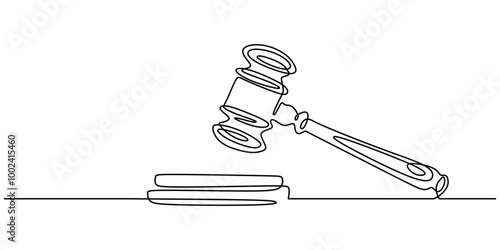 One Line Drawing of a Gavel, Minimalist Design Symbolizing Judicial Power.