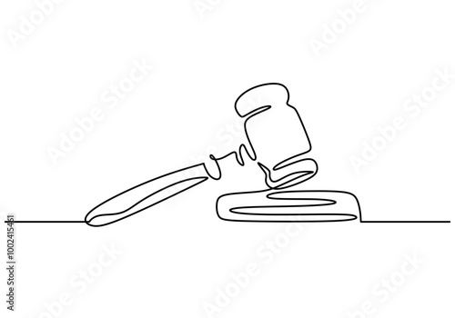 One Line Drawing of a Gavel Used in a Courtroom, Elegant Representation of Legal Authority.