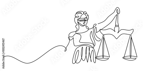 One Line Drawing of a Woman Holding a Justice Scale, Themis Statue Concept Depicting Fairness.