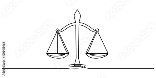 One Line Drawing of a Justice Scale, Minimalist Illustration Representing Equity and Justice.