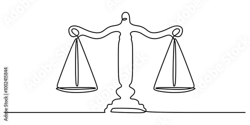 One Line Drawing of a Justice Scale, Minimalist Illustration Symbolizing Fairness in the Legal System.
