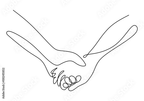 One Line Drawing of Two Hands Intertwined, Minimalist Representation of Togetherness and Support.