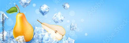 Realistic yellow pear fruit whole and slice with flying ice cubes on light blue background. Banner concept for fresh cold beverage ads with text space.