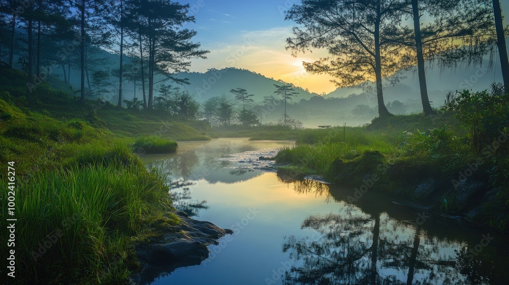 Fototapeta premium Serene Morning Mist Over a Tranquil River in the Forest