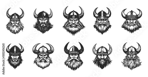 Viking head face portrait with horned helmet. Front view. Nordic or scandinavian angry laughing male warrior with barb and moustache. Black and white simple flat tatoo style. Isolated vector on white photo