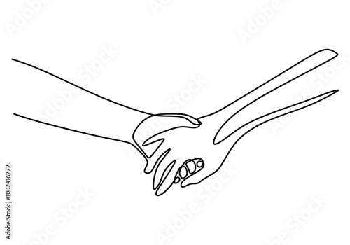 One Line Drawing of Two Hands Gripping Each Other, Illustrating Partnership and Solidarity Simply.