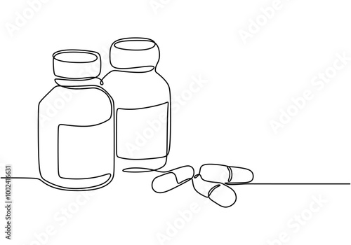 One Line Drawing of a Bottle with Medications, Illustrating Essentials of Health and Wellness in a Minimalist Style.