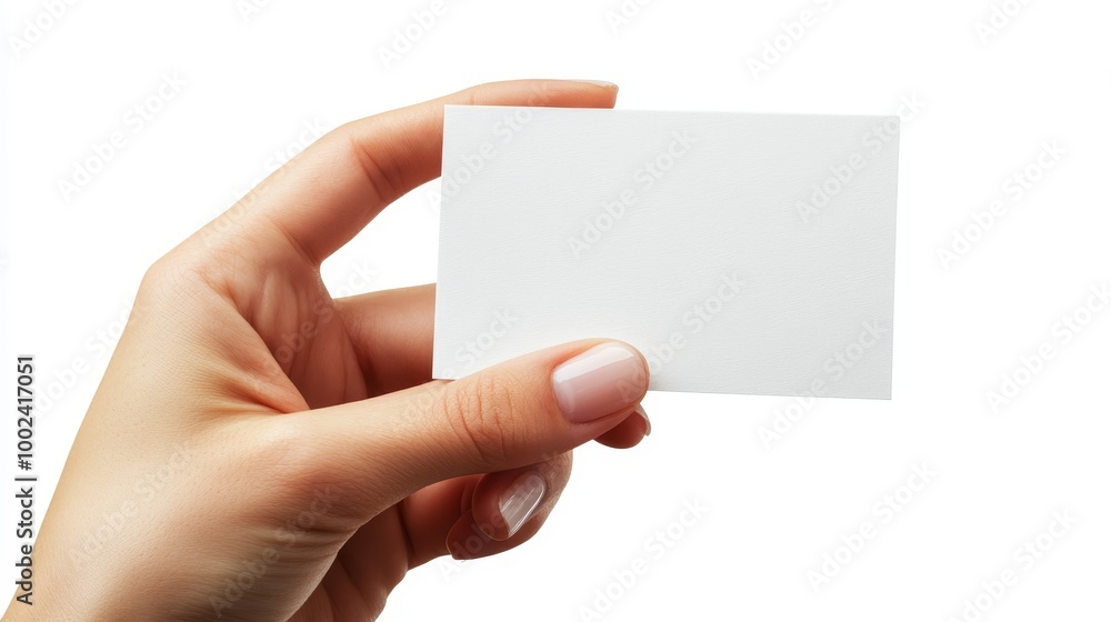 Obraz premium Womans Hand Holding a Blank Business Card, Isolated on White Background, Perfect for Mockups
