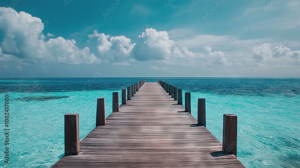 Obraz premium A pier juts into the ocean on a sunny day with cloudy skies and blue water in the foreground