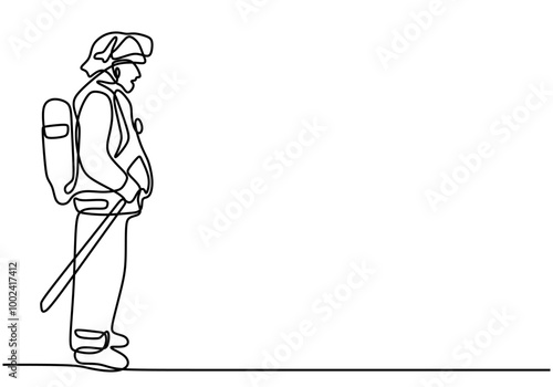 One Line Drawing of a Firefighter with an Axe, Representing Readiness and Strength in Firefighting.