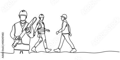 One Line Drawing of Several Engineers in Various Poses, Capturing the Collaborative Spirit of the Engineering Profession.